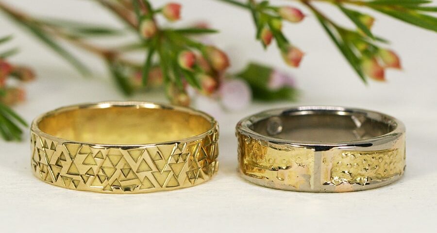 18ct Gold Bands, stamped, fused and textured designs