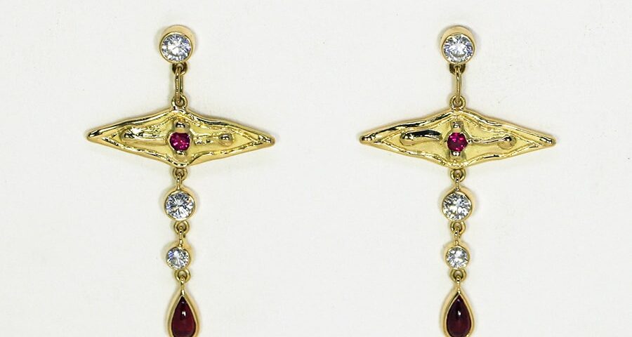 'Shiraz', 18ct fused Gold earrings set with Rubies and Diamonds