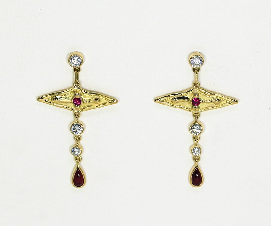 'Shiraz', 18ct fused Gold earrings set with Rubies and Diamonds