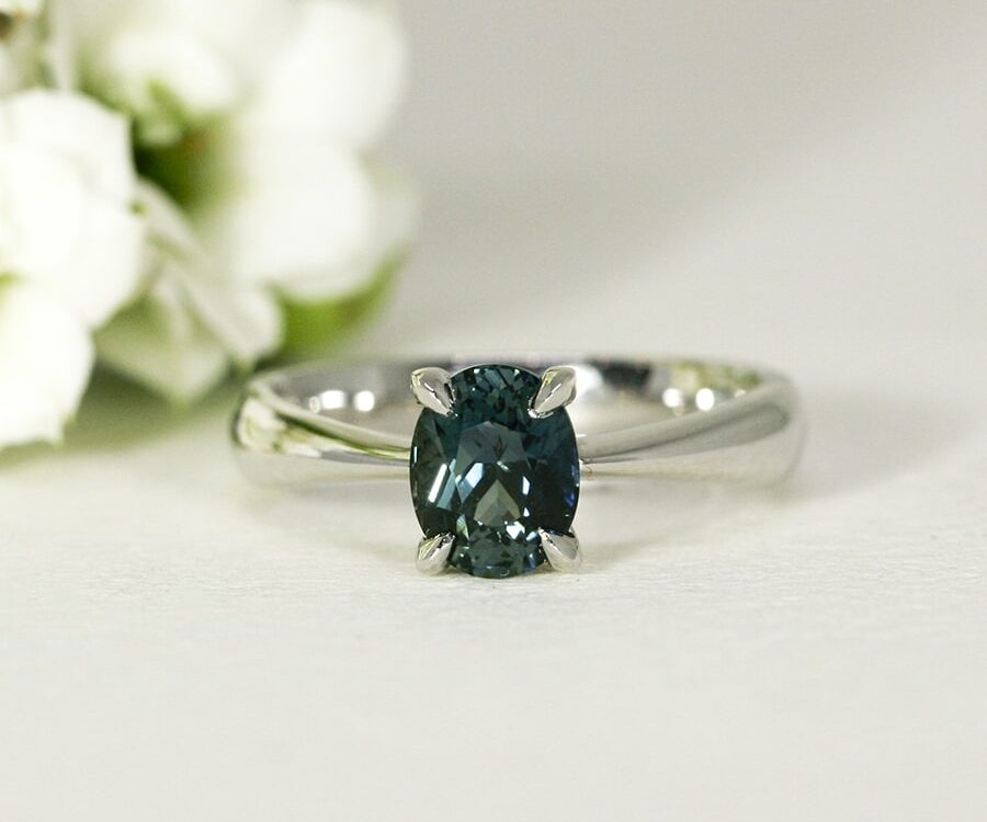 'Ocean Deep', 18ct White and Rose Gold Ring set with Teal Green 1.53ct Sapphire