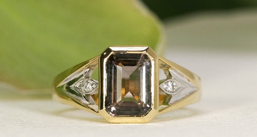 'Inspired', 18ct Yellow Gold Ring set with a 2.17ct Smokey Sapphire and Diamonds on either side