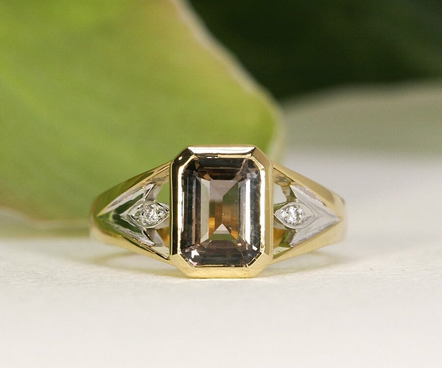 'Inspired', 18ct Yellow Gold Ring set with a 2.17ct Smokey Sapphire and Diamonds on either side