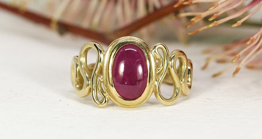 'Ruby Swirl', 18ct Yellow Gold Ring set with a 2.58ct Burma Ruby