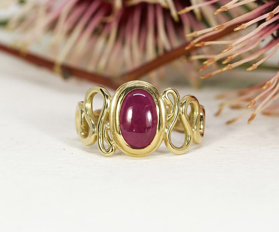 'Ruby Swirl', 18ct Yellow Gold Ring set with a 2.58ct Burma Ruby