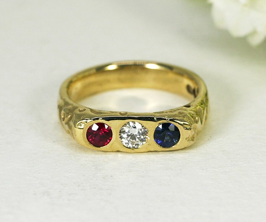 'Royal Blood', 18ct Yellow Gold Ring set with 20pt Ceylon Sapphire, Diamond and Burma Ruby