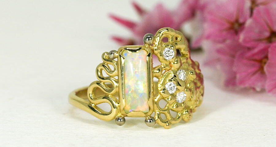 'Dreaming in Colour', 18ct Yellow and White Gold Ring set with a Coober Pedy Opal and four Diamonds