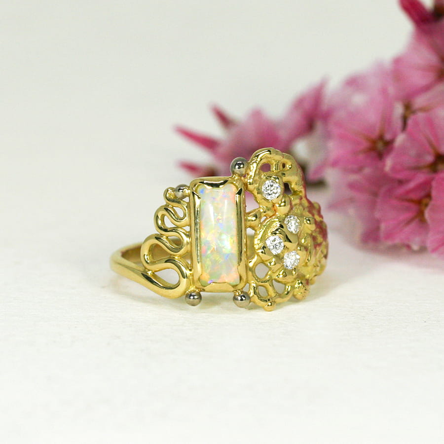 'Dreaming in Colour', 18ct Yellow and White Gold Ring set with a Coober Pedy Opal and four Diamonds
