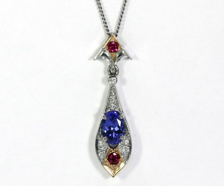 'Salacia', 18ct White and Rose Gold pendant set with Tanzanite, Rubies and Diamonds
