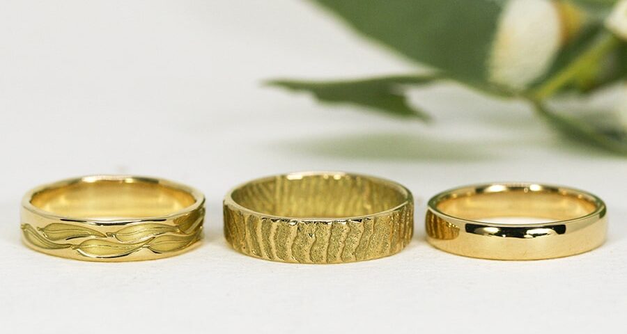 18ct Yellow Gold Bands, in a variety of plain, stamped or textured designs
