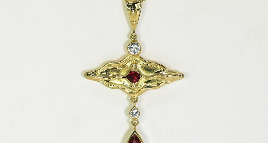 'Shiraz', 18ct fused Gold pendant set with two Rubies and two Diamonds