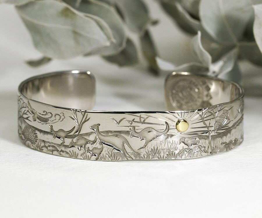 'Desert Sunrise', 9ct White Gold Cuff set with an 18ct Yellow Gold rivet