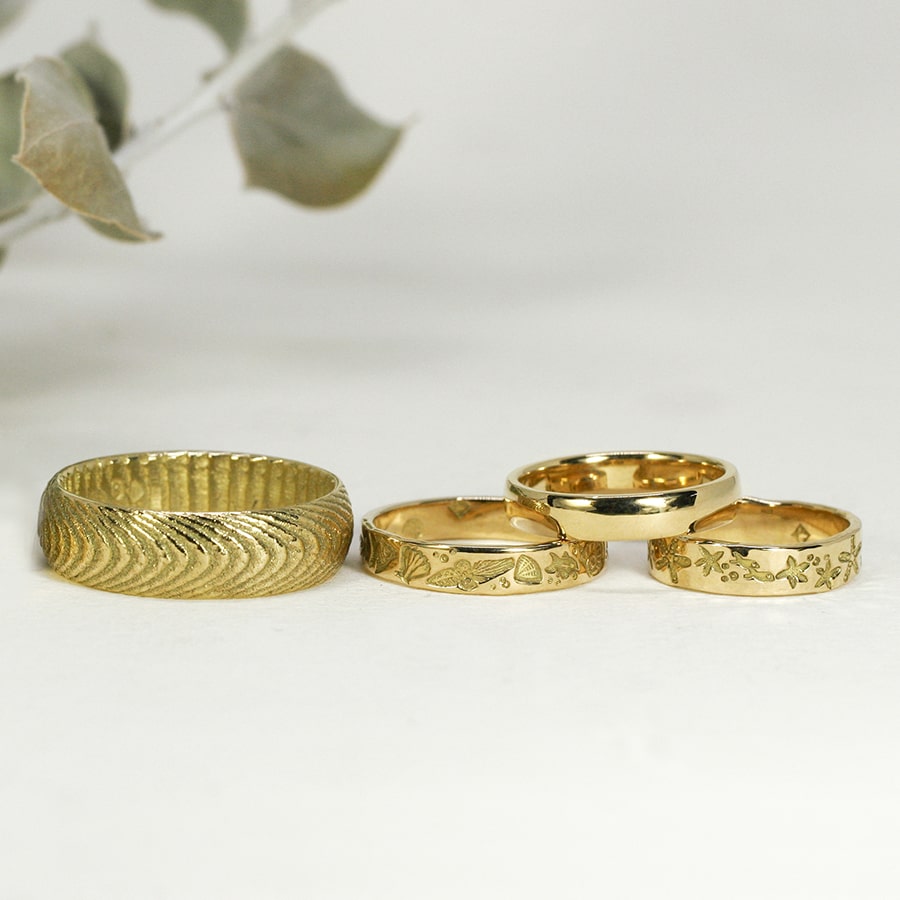 18ct Yellow Gold Bands, various designs, widths and finishes