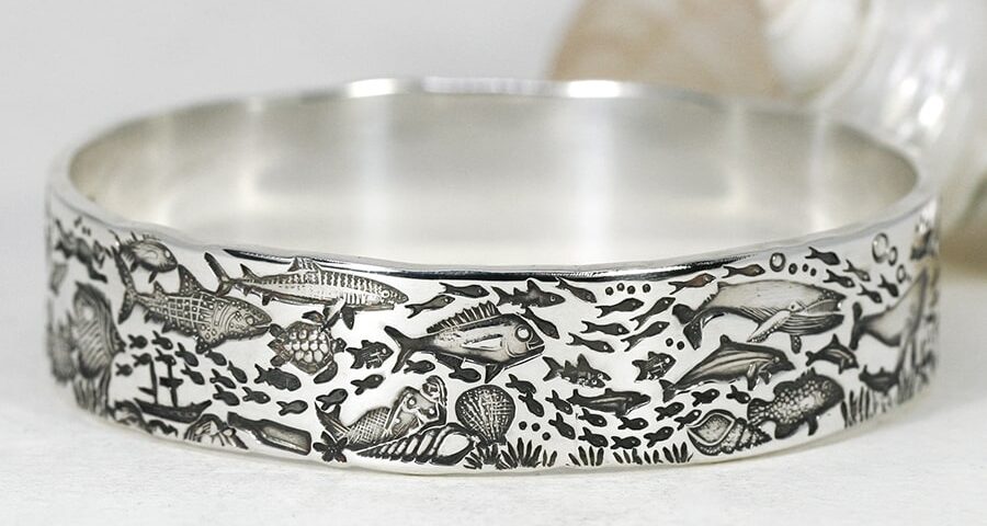 'Underwater Treasure', sterling silver Bangle telling an Underwater Story