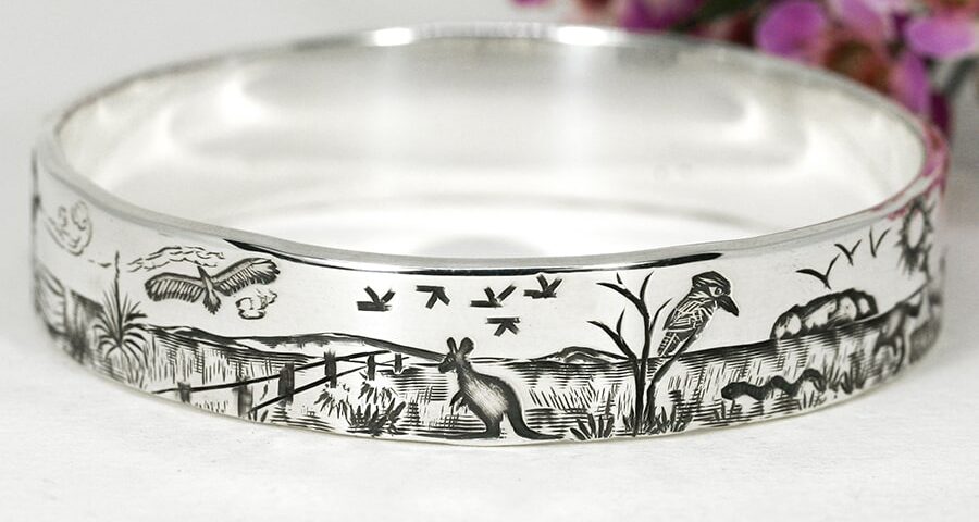 'The Outback Way', sterling silver Bangle depicting an Outback Story