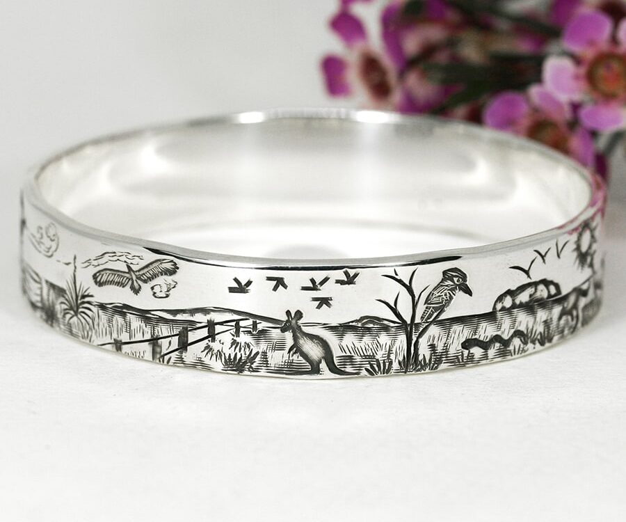 'The Outback Way', sterling silver Bangle depicting an Outback Story