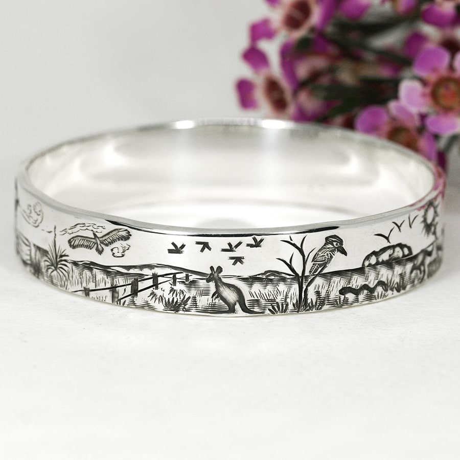 'The Outback Way', sterling silver Bangle depicting an Outback Story