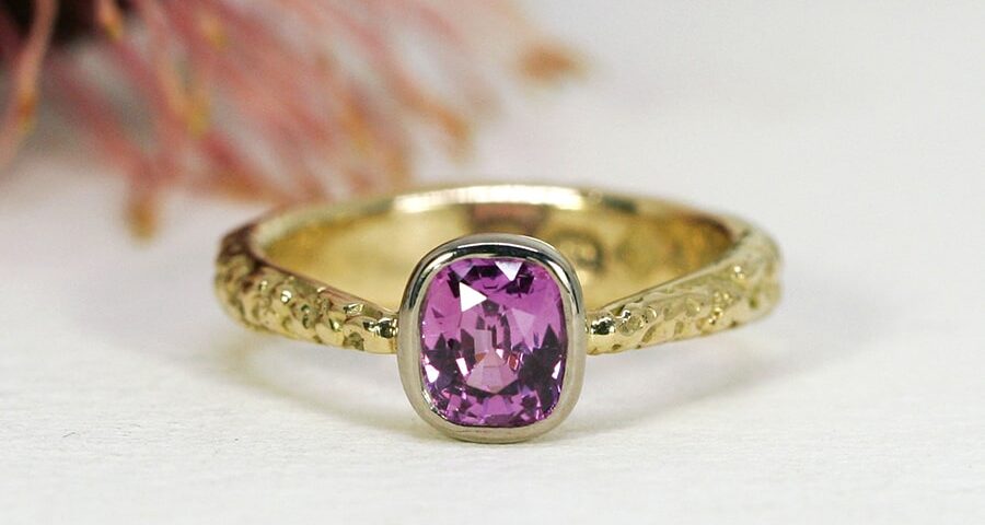 'Fuschia Moon', 18ct Fused Gold Ring set with a 1.32ct Pink Ceylon Sapphire and a Diamond set in the other side of band
