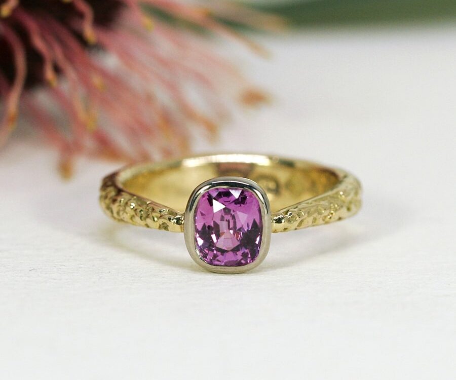 'Fuschia Moon', 18ct Fused Gold Ring set with a 1.32ct Pink Ceylon Sapphire and set Diamond