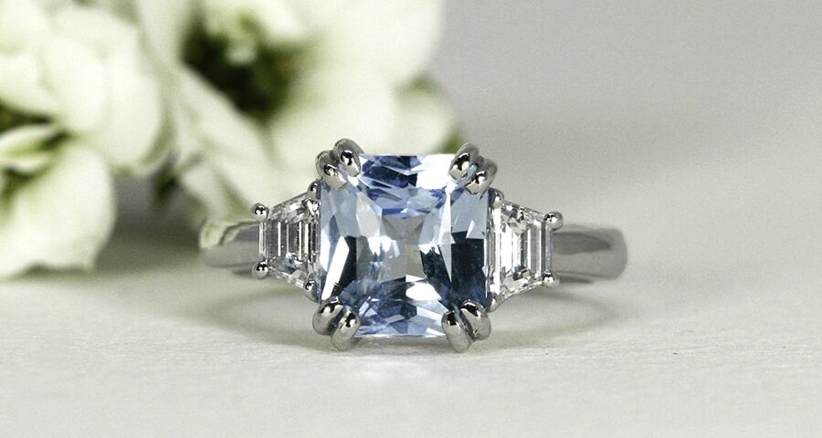 'Summer Skies', 18ct White Gold Ring set with a 3.02ct Ceylon Sapphire and Diamonds on either side