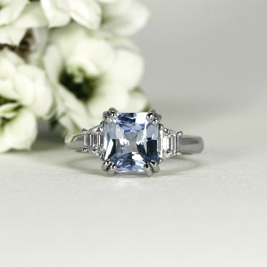 'Summer Skies', 18ct White Gold Ring set with a 3.02ct Ceylon Sapphire and Diamonds on either side