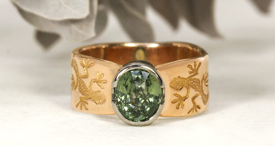 Billabong rose white gold sapphire ring with gecko's – John Miller Design