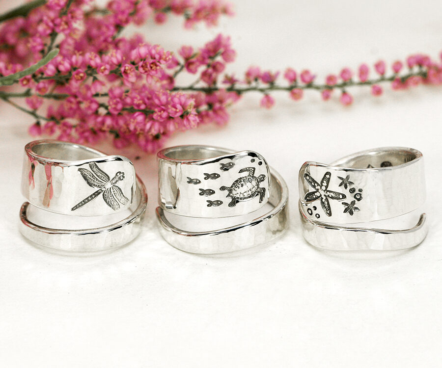 spirals-sterling-silver-rings-dragonfly-turtle-starfish-john-miller-design