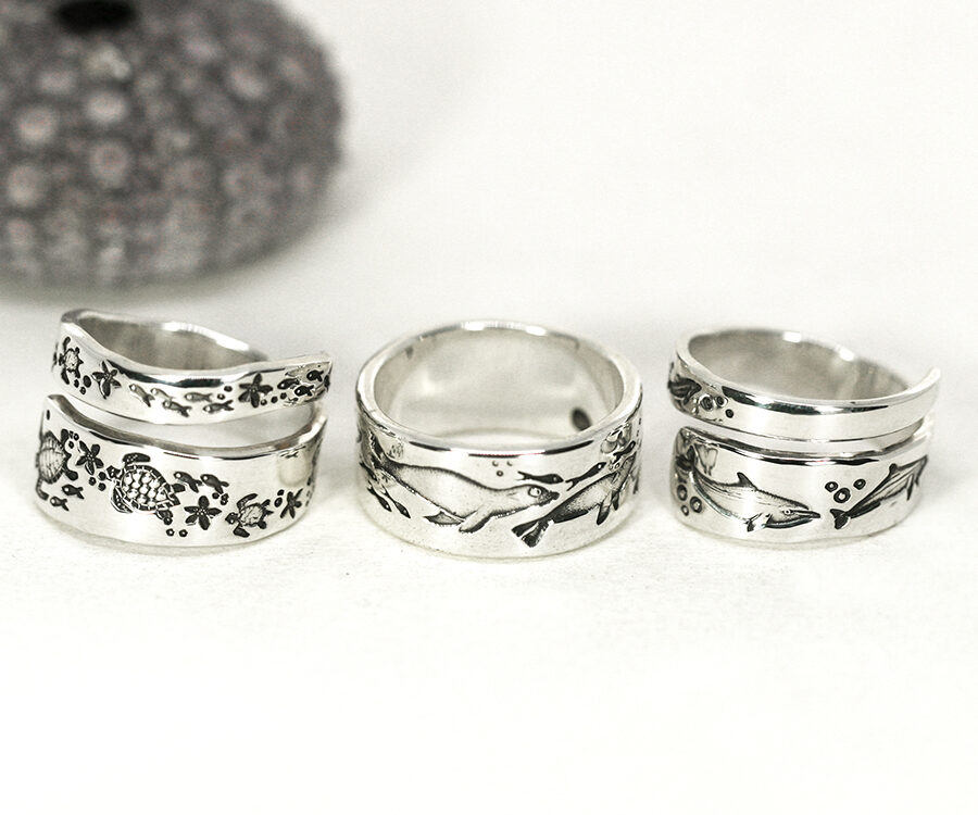 underwater-rings-sterling-silver-ocean-spiral-turtles-seals-dolphins