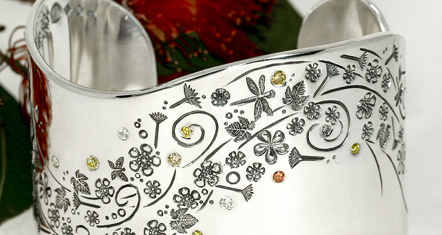 ‘Everlasting Summer’ - Wide Sterling Silver cuff with engraved detail set with coloured diamonds
