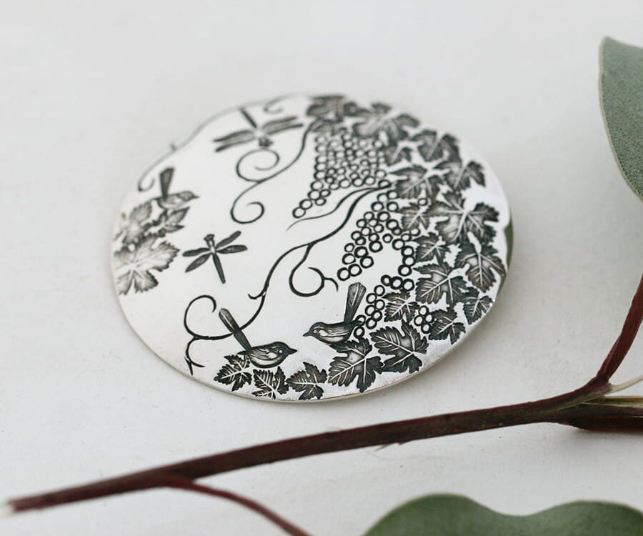 Sterling silver large round pendant with grapevines & dragonflies