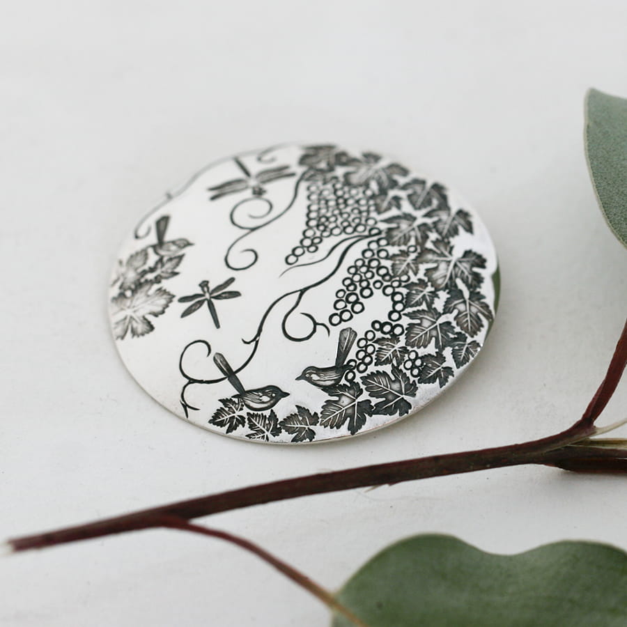 Sterling silver large round pendant with grapevines & dragonflies