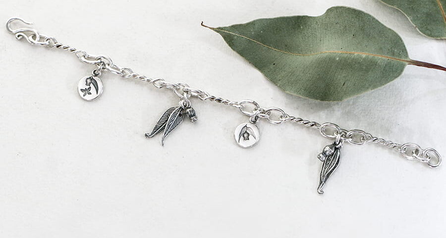 Sterling silver gumleaf charm bracelet