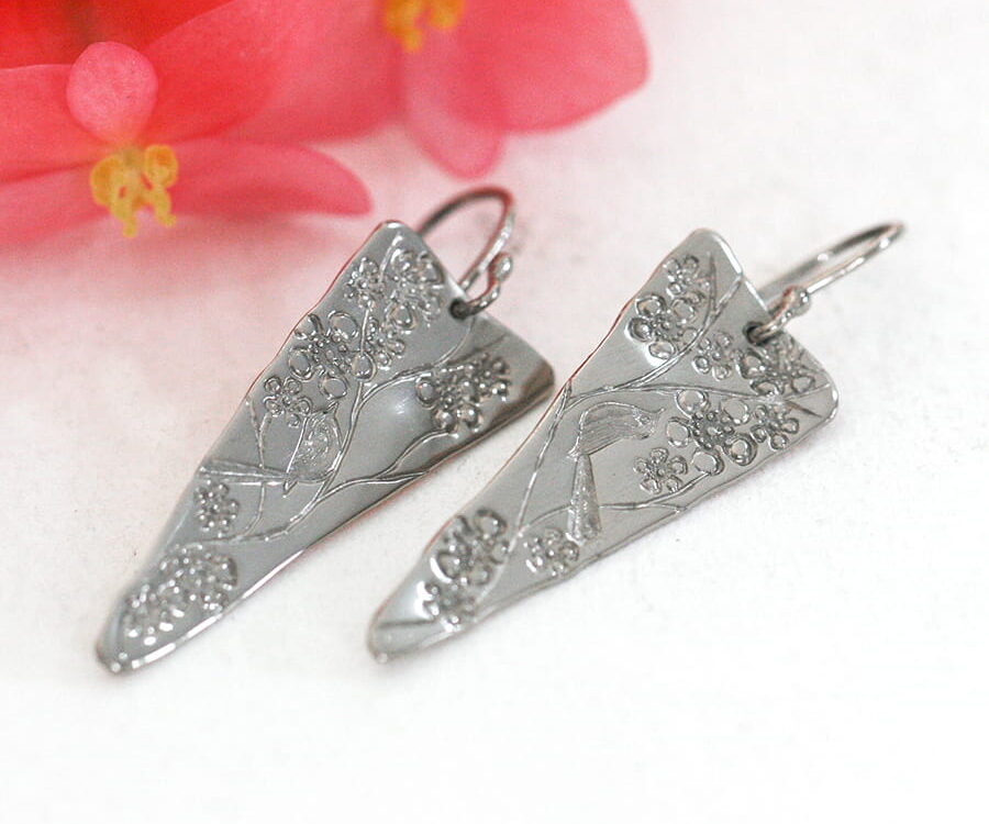 18ct white gold handcrafted drop earrings featuring Wrens on a Gerladton wax branch