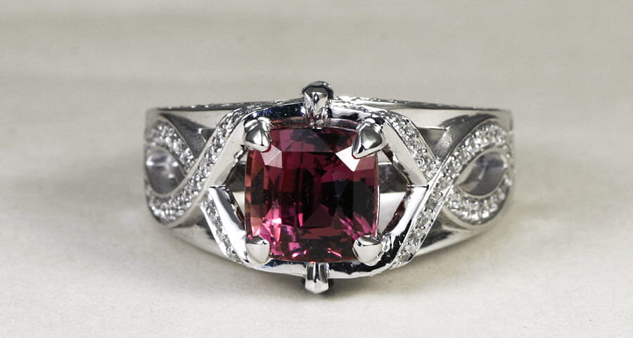 'Raspberry Wine' 18ct white gold ring with 1 pink sapphire 2 royal blue marquise sapphires diamonds