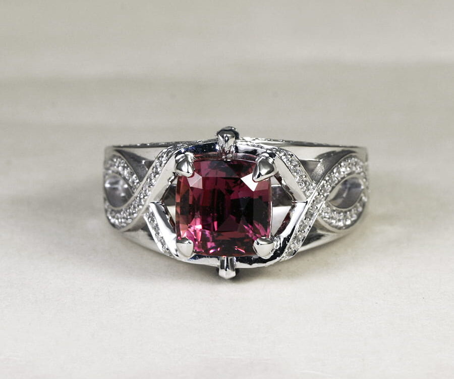 'Raspberry Wine' 18ct white gold ring with 1 pink sapphire 2 royal blue marquise sapphires diamonds handcrafted john miller design