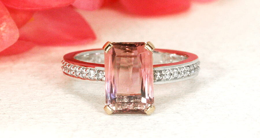 'Rose' 18ct rose and white gold handcrafted ring with pink tourmaline and 16 diamonds