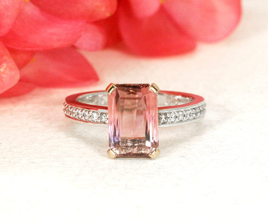 'Rose' 18ct rose and white gold handcrafted ring with pink tourmaline and 16 diamonds