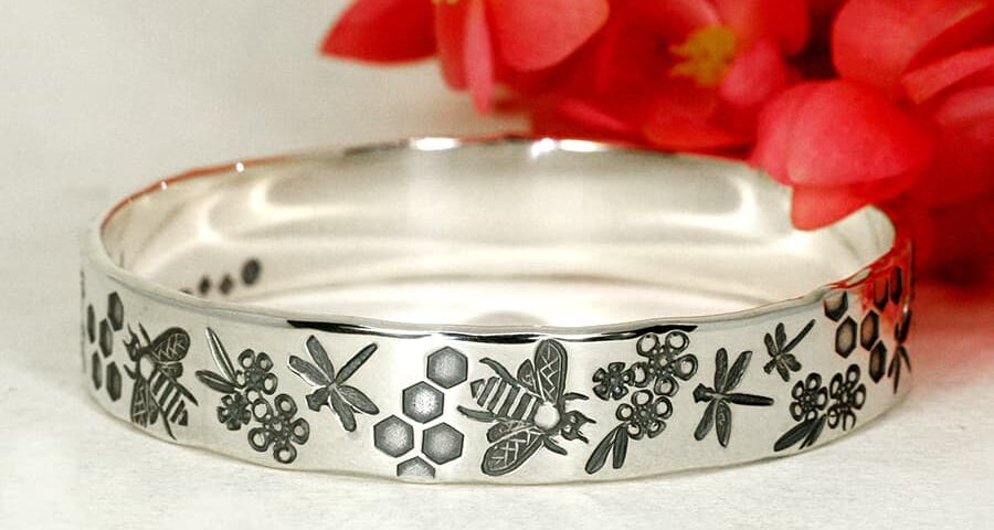 Bees and Dragonflies sterling silver handcrafted bangle