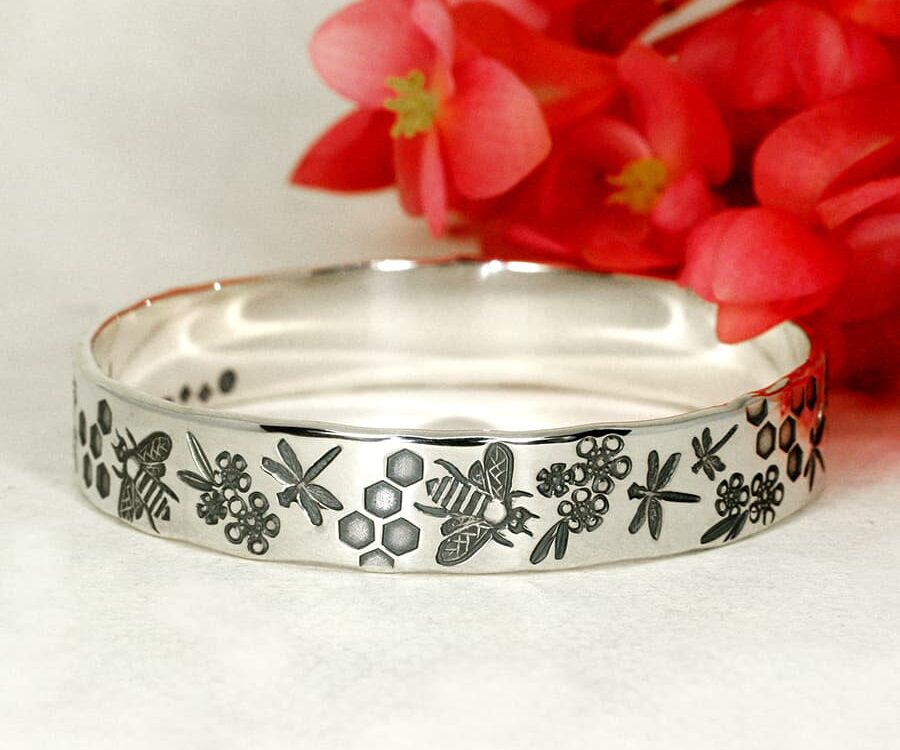 Bees and Dragonflies sterling silver handcrafted bangle