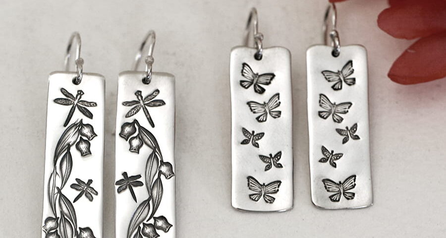 rectangular shaped sterling silver handcrafted earrings garden design