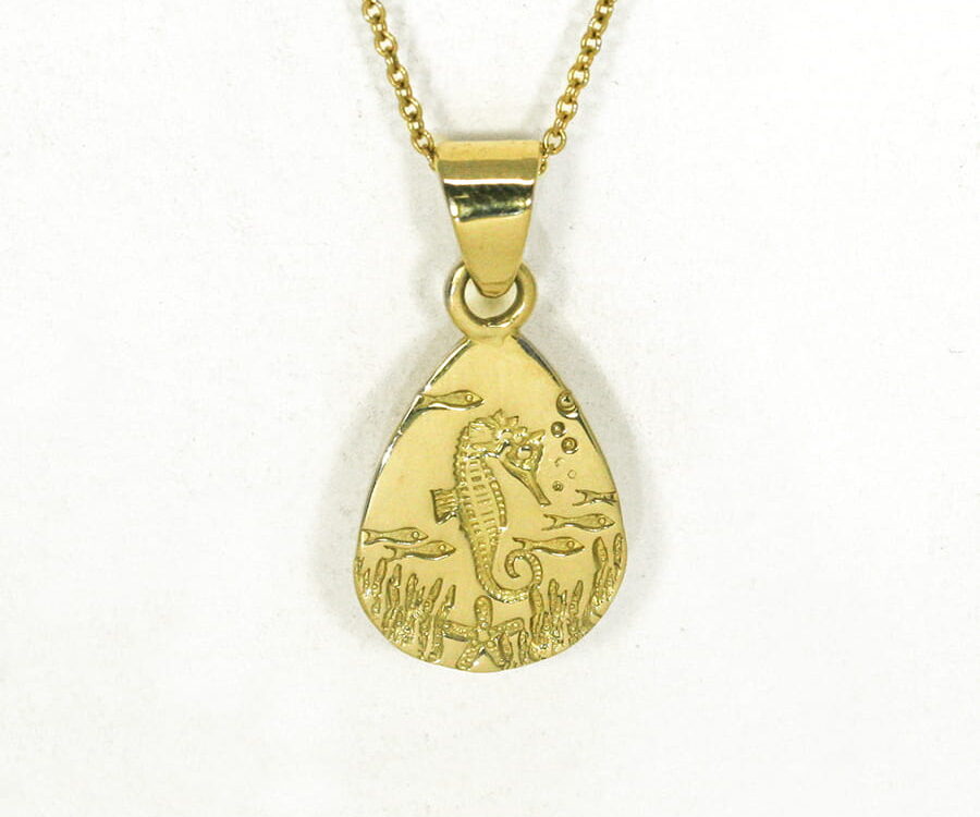 Underwater Seahorse 18ct yellow gold teardrop pendant handcrafted john miller design