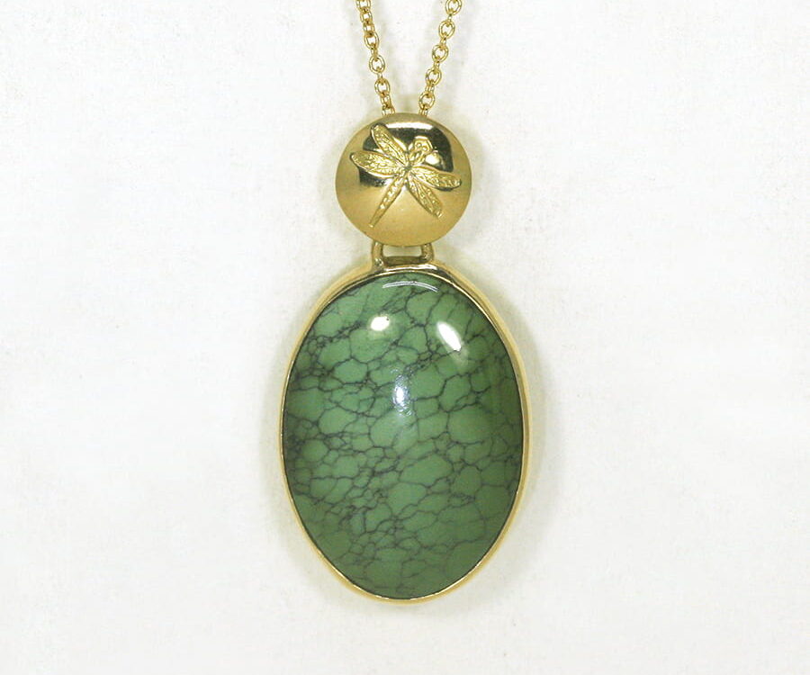 'Rainforest' Natural Tibetan Turquoise 18ct yellow gold pendant handcrafted