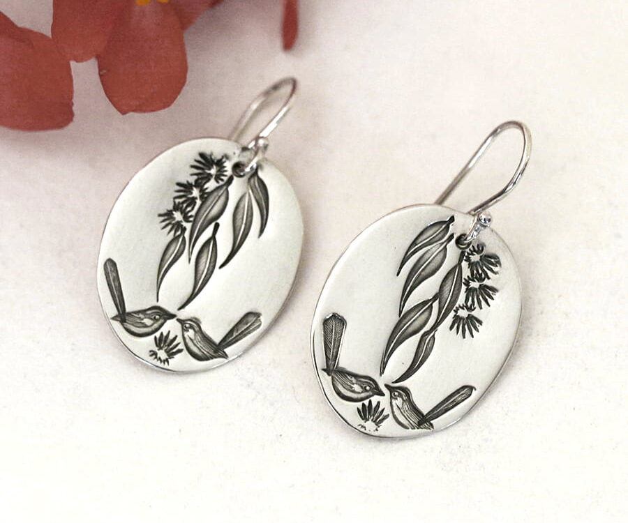 wrens gumleaf and blossom sterling silver handcrafted oval shaped drop earrings