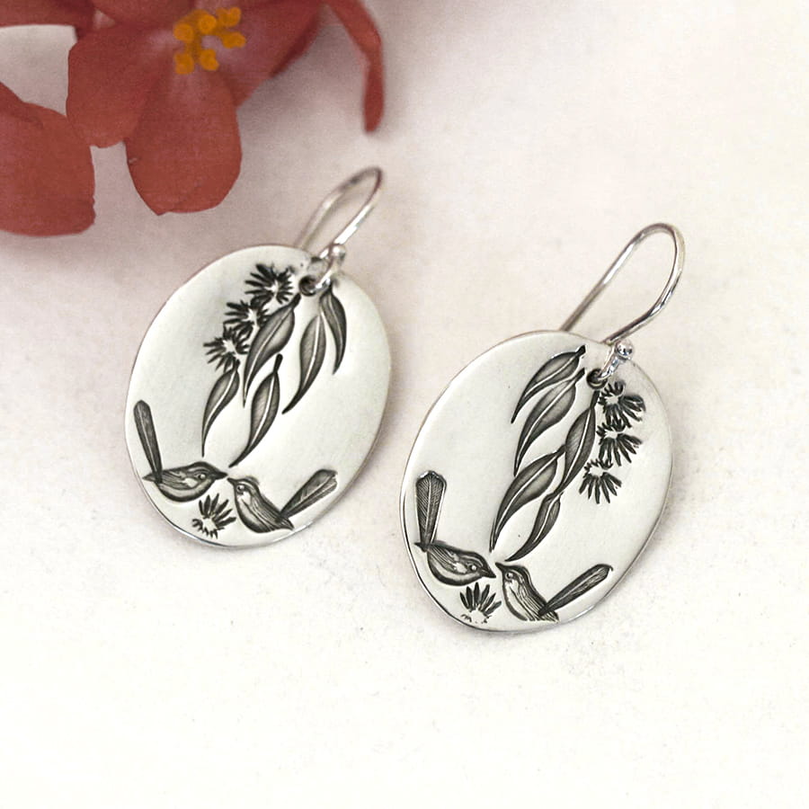 wrens gumleaf and blossom sterling silver handcrafted oval shaped drop earrings