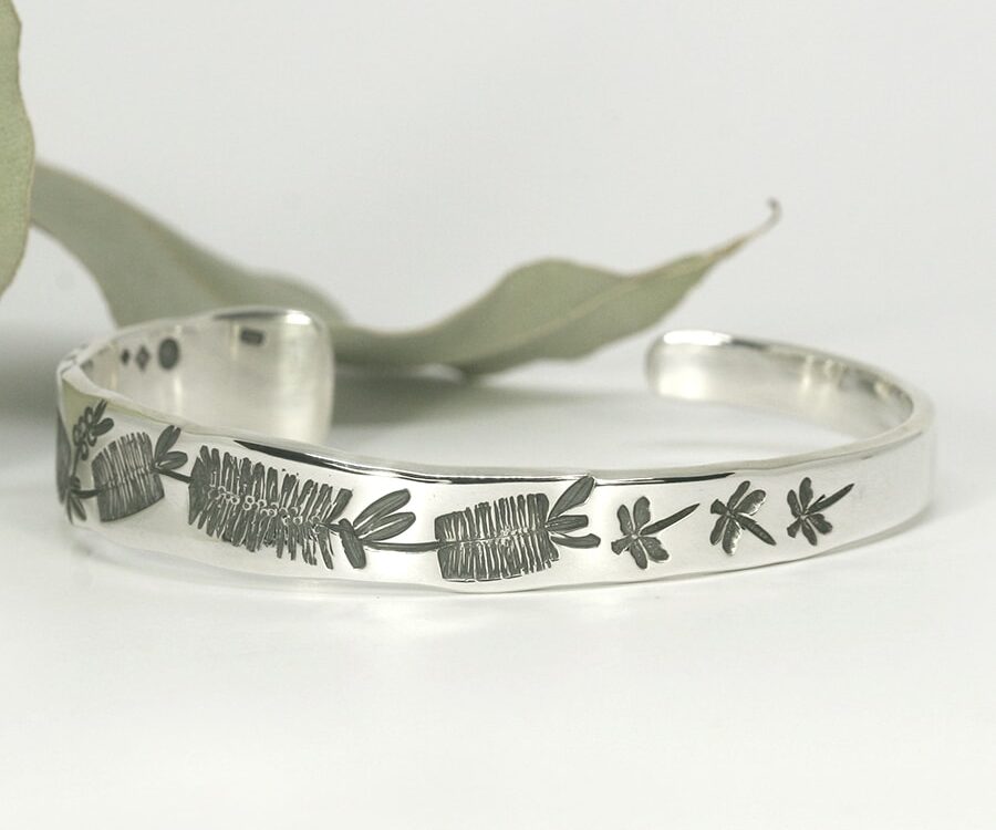 Bottle brush and Dragonflies sterling silver tapered cuff