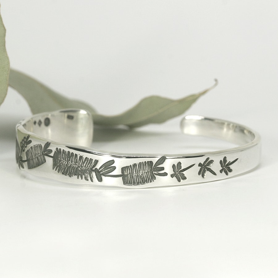 Bottle brush and Dragonflies sterling silver tapered cuff