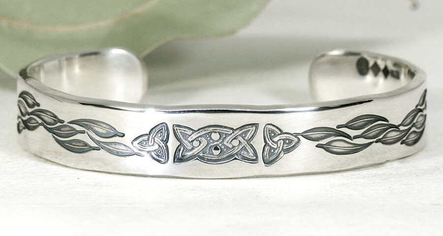 'Australian Celtic' sterling silver cuff featuring celtic knot and gumleaves john miller design