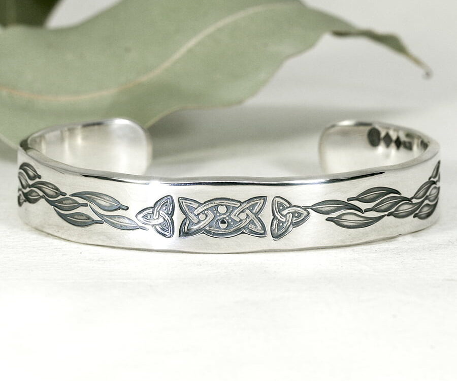 'Australian Celtic' sterling silver cuff featuring celtic knot and gumleaves john miller design