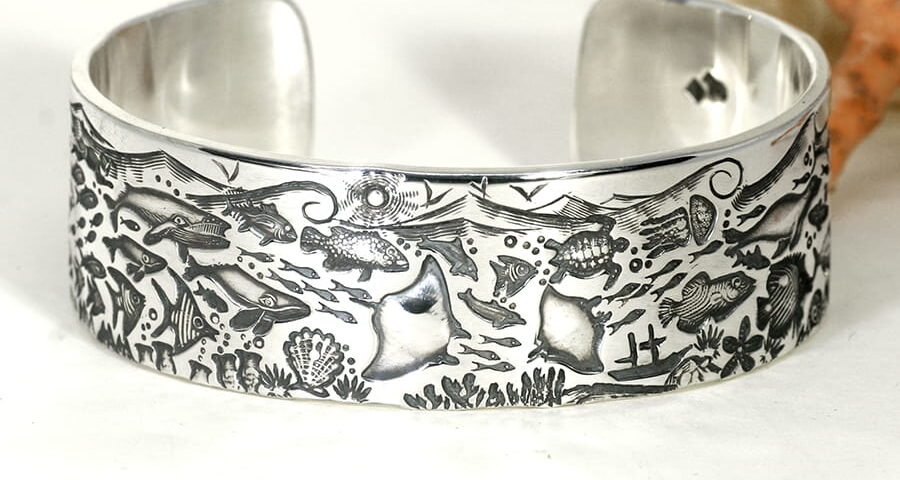 'Beneath the Waves' sterling silver wide Ocean story cuff