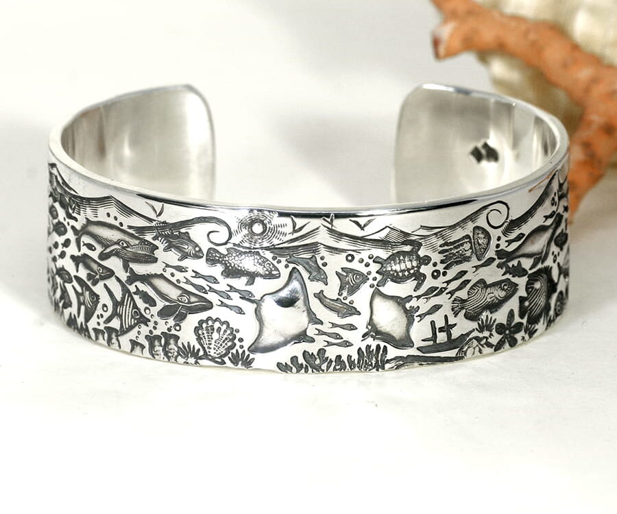 'Beneath the Waves' sterling silver wide Ocean story cuff