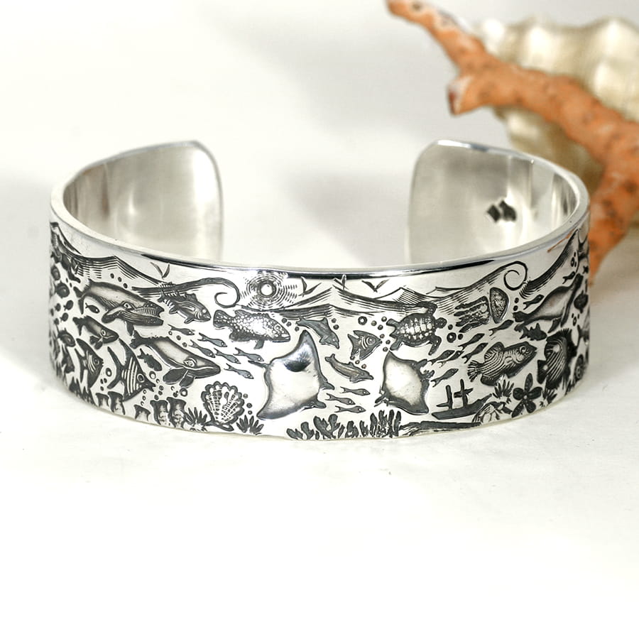 'Beneath the Waves' sterling silver wide Ocean story cuff